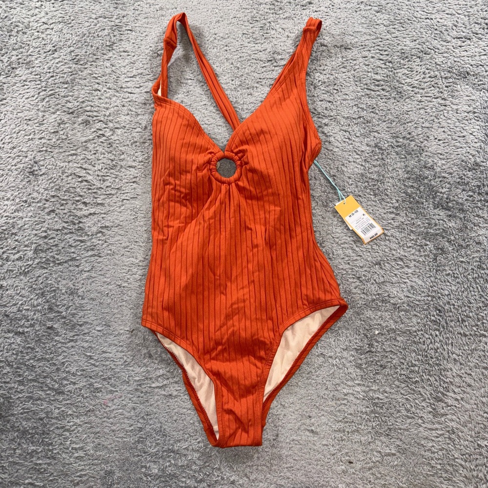 Kona Sol Womens Ribbed Ring One Piece Swimsuit M 8-10 Orange Cutout